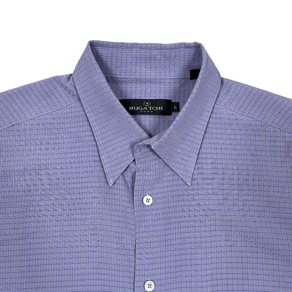 Bugatchi Button Down Shirt Mens L Purple Micro Check Short Sleeve Uomo Modal - Picture 6 of 6